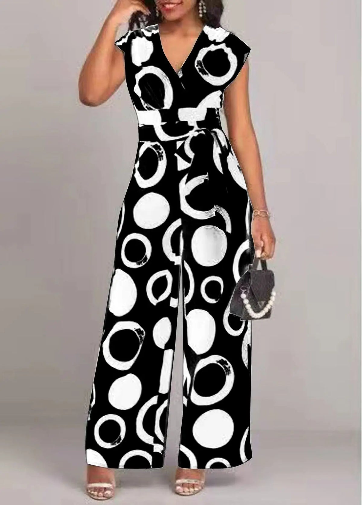 Macacão Feminino Elegante de Verão com Estampa – Manga Curta, Cintura Alta e Pernas Largas