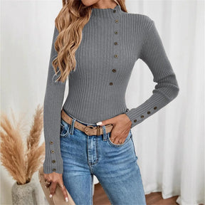 Blusa Elegante de Malha com Botões e Manga Comprida – Camada Confortável