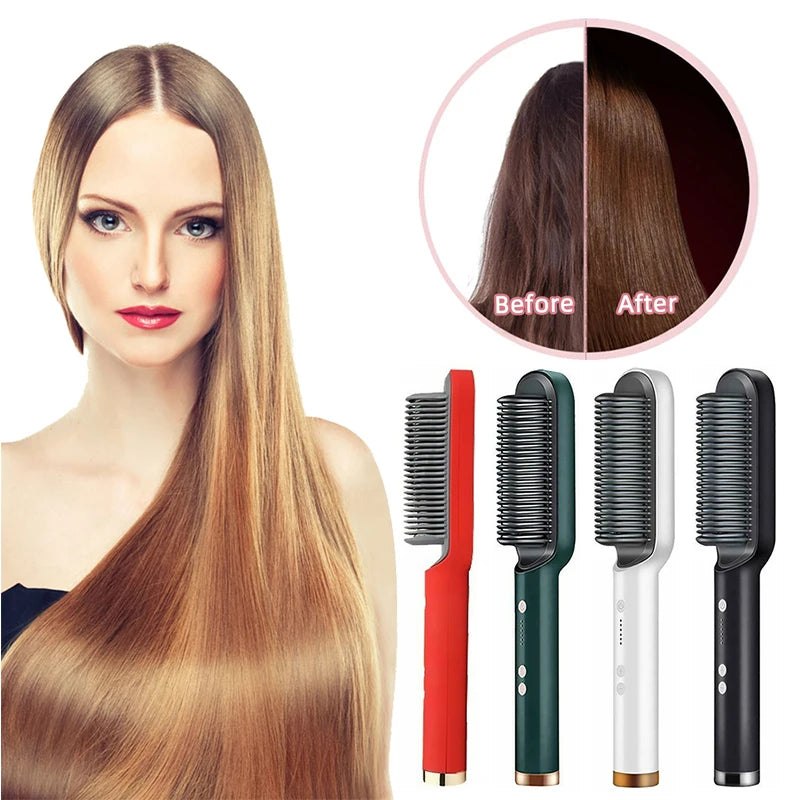 2-in-1 Electric Straightening Brush – Fast Heating Straightener and Curler