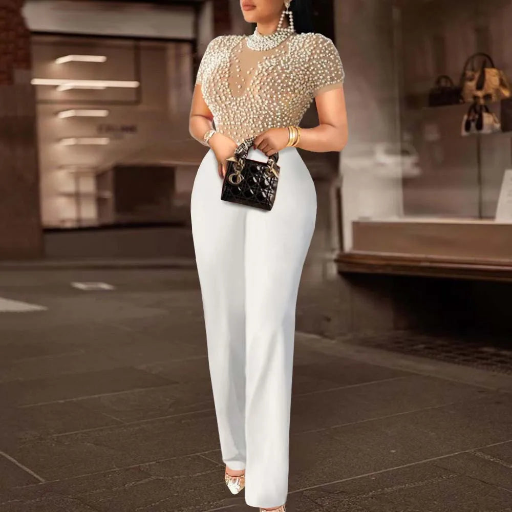 Women's Luxury Pearl Jumpsuit – O-Neck, Short Sleeves and High Waist
