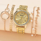 Women's 5-Piece Set – Silver Watch with Rhinestone Details and Metallic Bracelet
