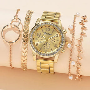 Women's 5-Piece Set – Silver Watch with Rhinestone Details and Metallic Bracelet