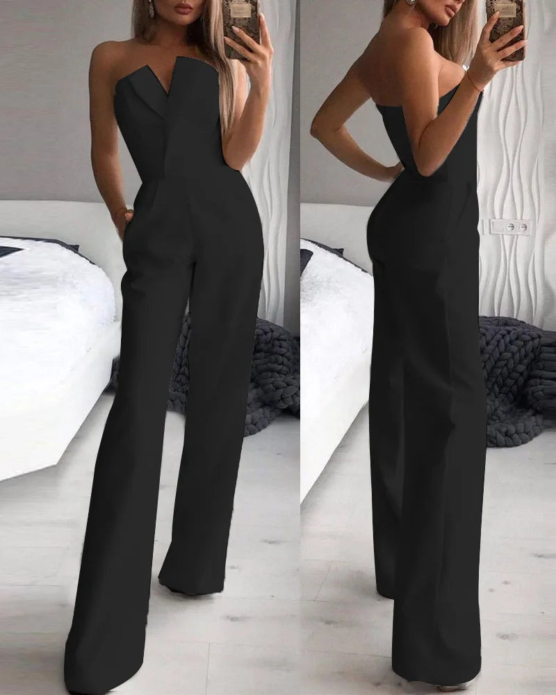 Women's Sleeveless Jumpsuit with Asymmetrical Neckline – Mid-Rise and Sophisticated Design 